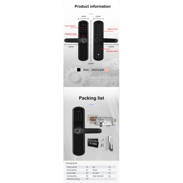 Electronic Keyless Smart Fingerprint Lock 120mm Thickness Fingerprint
