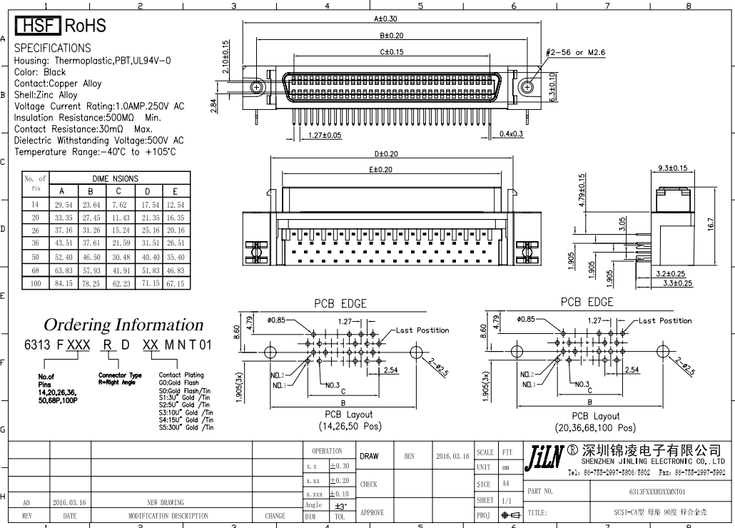 SCSI 26Pin 50Pin 68Pin Female And Male Connector CA Type And Normal Type Right Angle DIP Type for Electronic PCBA