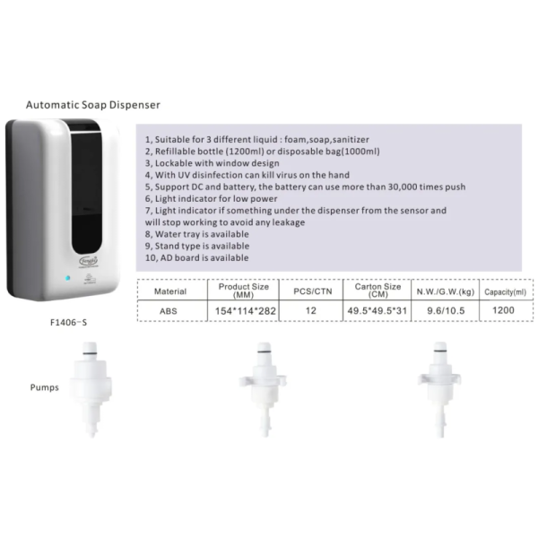 ABS Refillable 1.2L Automatic Hand Sanitizer Dispenser