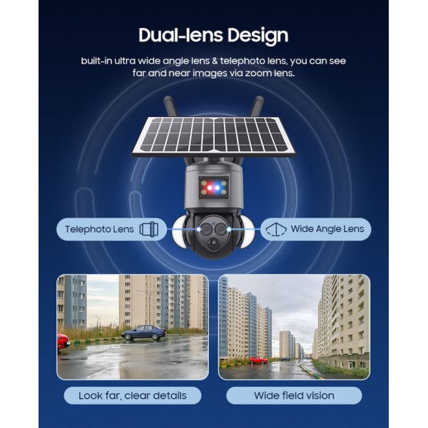 PTZ 12X Zoom Smart Floodlight Solar Wifi Camera Red Blue Warning