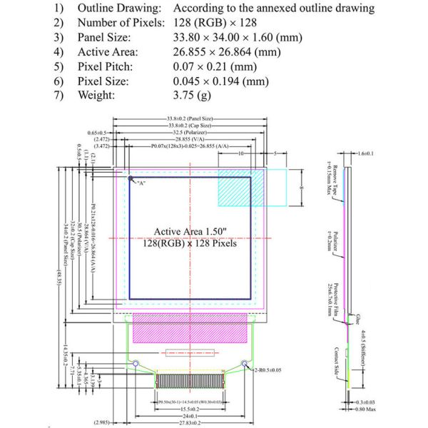 SPI Interface 30pins 1.5 inch oled display / 128x128 full colour oled screen
