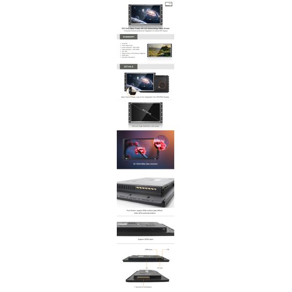 Multimedia Open Framed 18.5 Inch Lcd Monitor OEM Support With Push Button