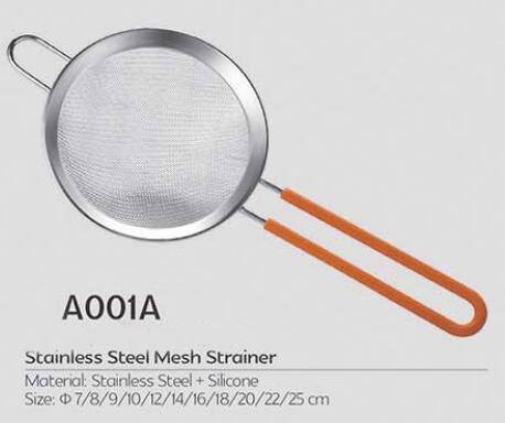 Quality Hot selling kitchen stainless steel mesh strainer with silicone ear and handle for sale