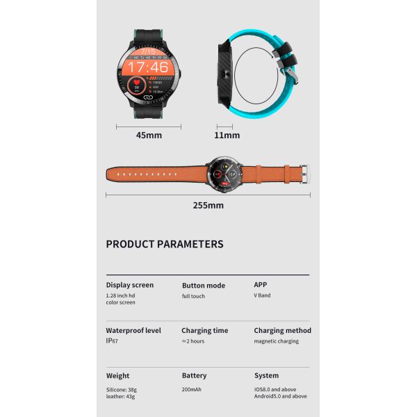 1.28 Inch IPS 200mAh Fitness Tracker Smartwatch With Pedometer Heart Rate Temperature Bluetooth Call