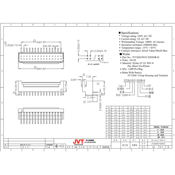 JVT PHB 2.0mm Double Row Wire to Board Crimp style Connectors with Secure Locking Devices
