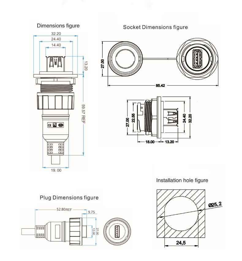 Data Transfer USB Twist Lock Type Waterproof Panel Mount Connector