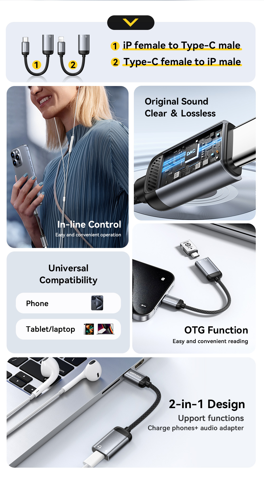 Essager ES-YP27 Usb Type C To Lightning iPhone Audio Converter Charger Adapter Cable