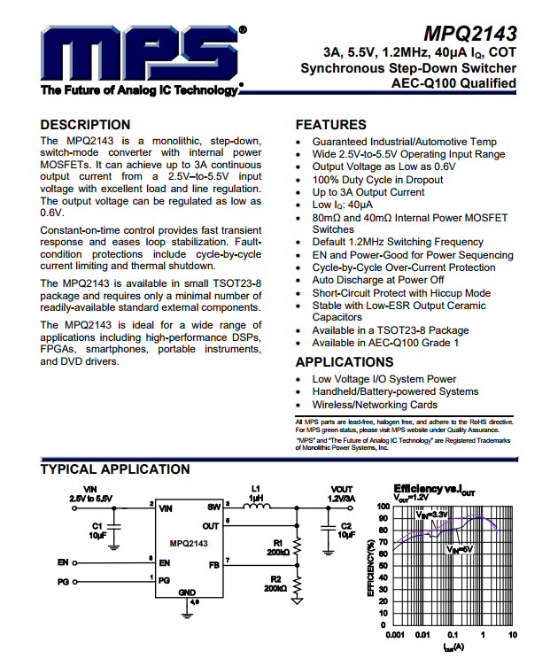 MPQ2143DJ-AEC1-LF-Z Buck Switching Regulator IC Positive Adjustable 0.6V 1 Output 3A SOT-23-8