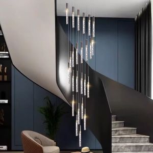 Simple Stairwell Long Crystal Column Chandelier High Ceiling Attic Residential