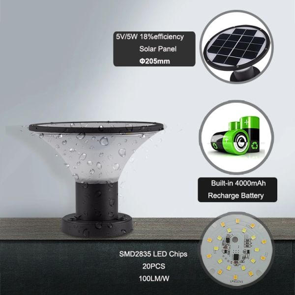 Modern Led Solar Powered Pillar Light Gate Post Cap , Black and white Solar Light