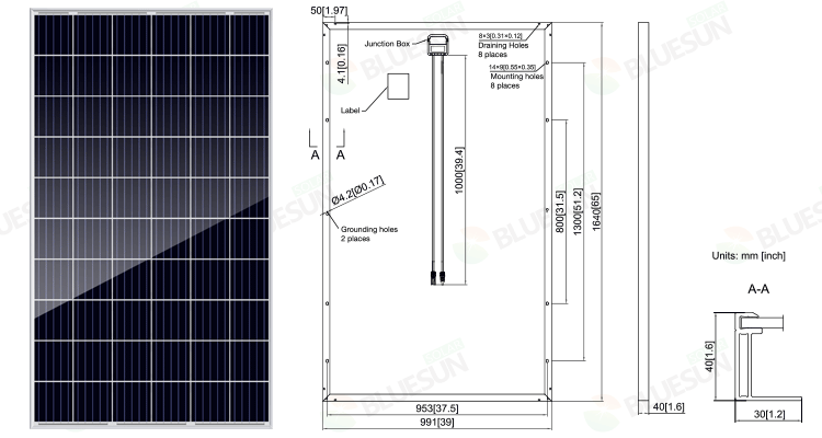 Bluesun Solar Modules and Panels Stock Solar Panel 270W 280w 290w for Home Kits 5BB 60cells ETL TUV Certificates
