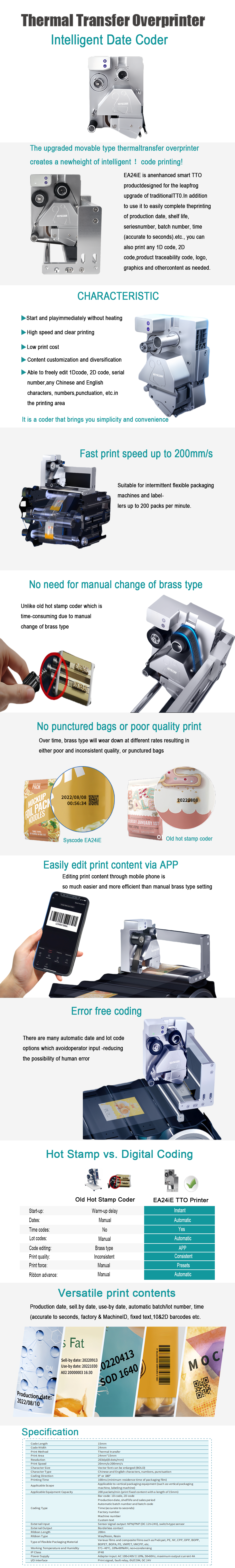 Continuous TTO Printer 203DPI 200m Ribbon 240V 60Hz Thermal Transfer Printing Machine