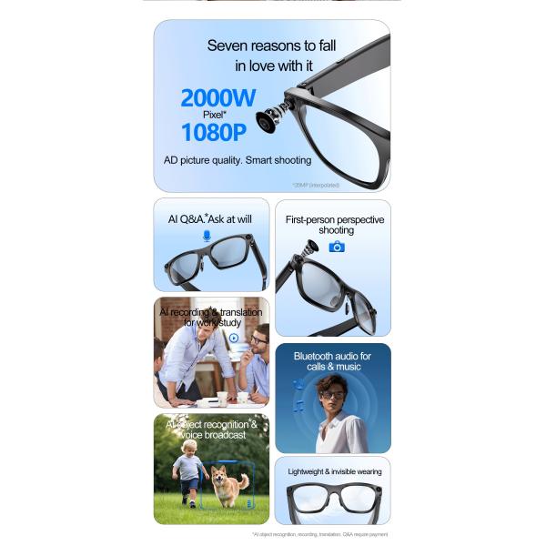 Black AI Smart Glasses Built-in 20MP Camera Translation Voice Control WiFi 4.0 And Bluetooth 5.3 For Data Transmission