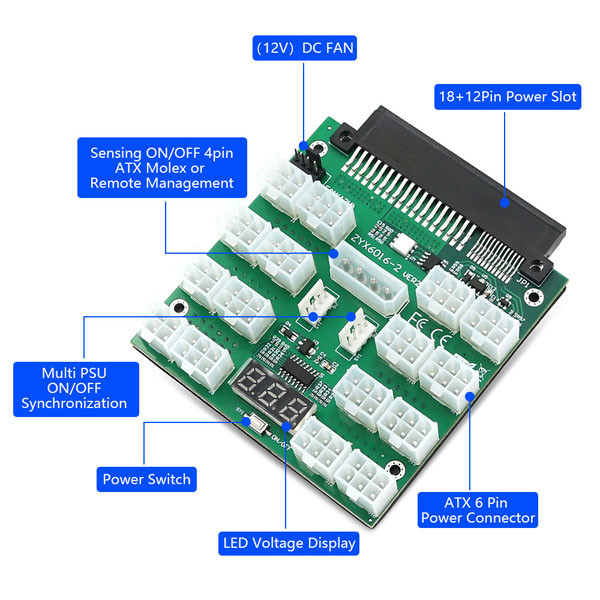 ATX 16x 6Pin Power Supply Breakout Board Adapter For Dell Brand / PSU / BTC Mining
