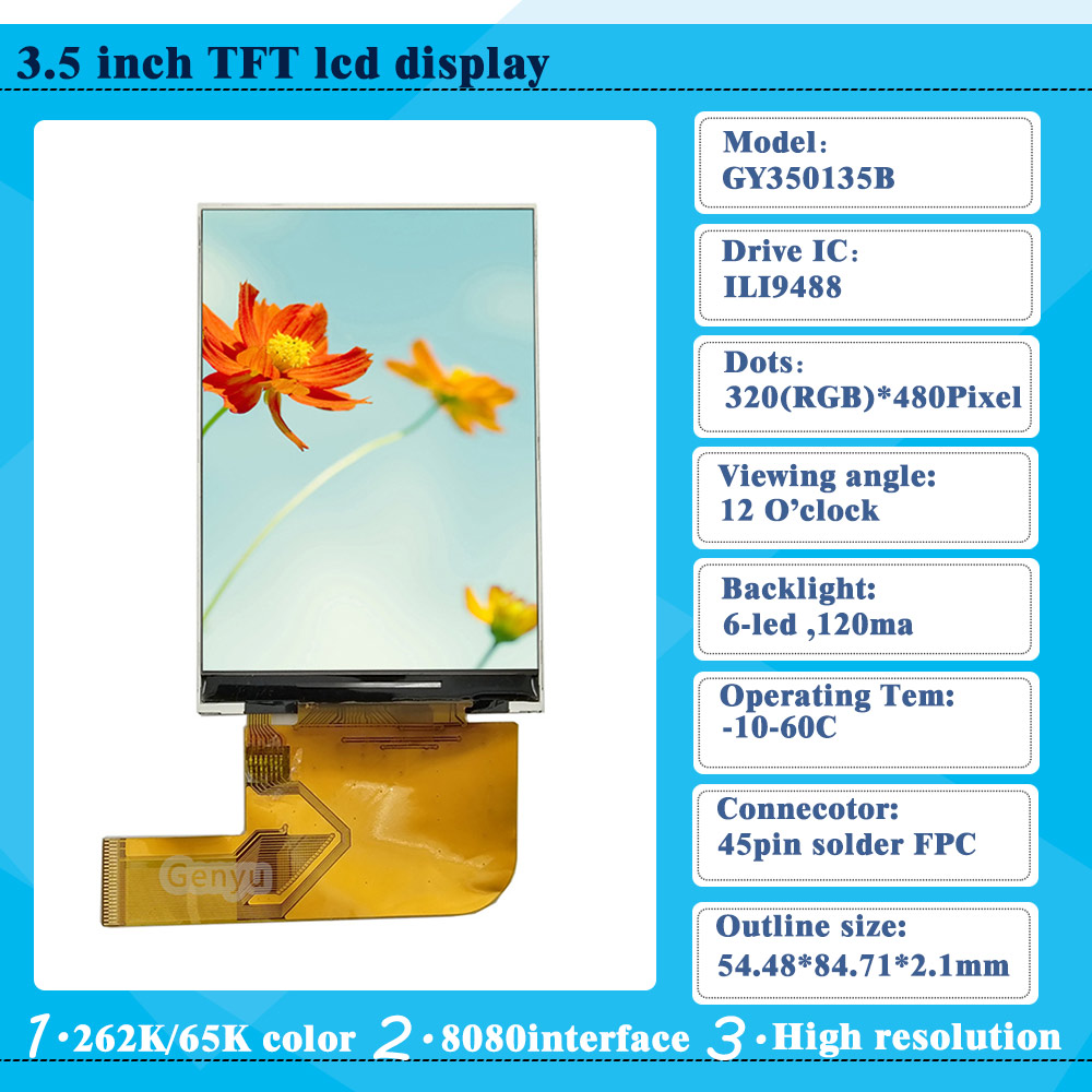 Module Size 54.48x84.71x3.2 mm 3.5 inch TFT LCD Touch Screen with ST7796 Drive IC and 40 Pin Parallel/SPI Interface