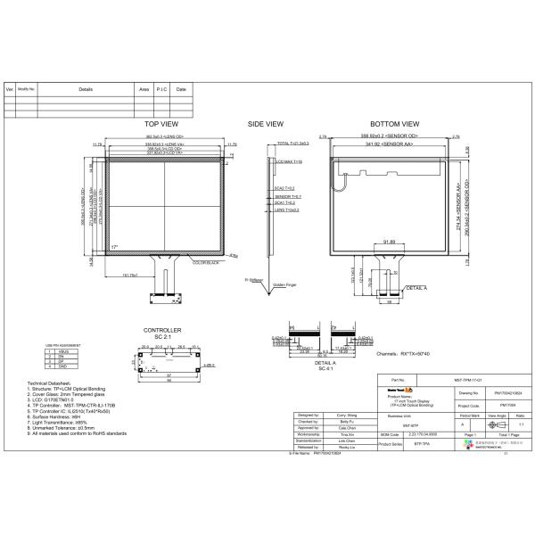 ILI2510 Controller Optical Bonding LCD Touch Screen 17 Inch