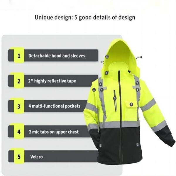 55inch Safety Reflective Jacket Removable Hood Sleeves Hi Vis Waterproof Lightweight Jacket