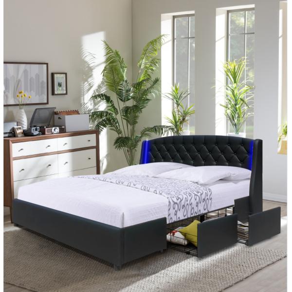 Balck Faux Leather King Size Drawer Storage Bed Tufted Buttons With Two LED Ears