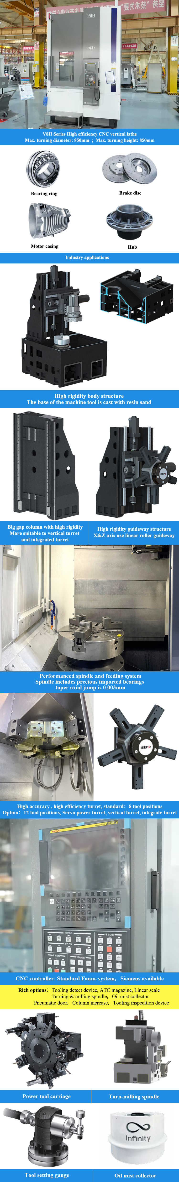 Large Metal Vertical CNC Lathe V8H Max.cutting Height 850mm Fanuc CNC Milling Vertical Lathe