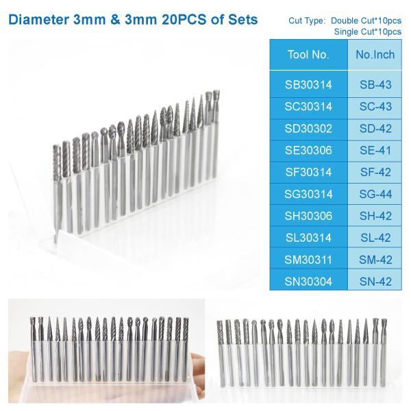 20PC Double Cut Carbide Burr Set 0.118" (3mm) Shank, Rotary Tool Bits Cutting Burrs