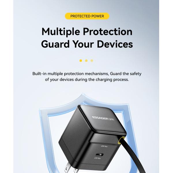 ESSAGER G652CU Series 65W Built-In USB-C Cable GaN USB-C Charger with PPS Function and 100-240V/1.5A Input