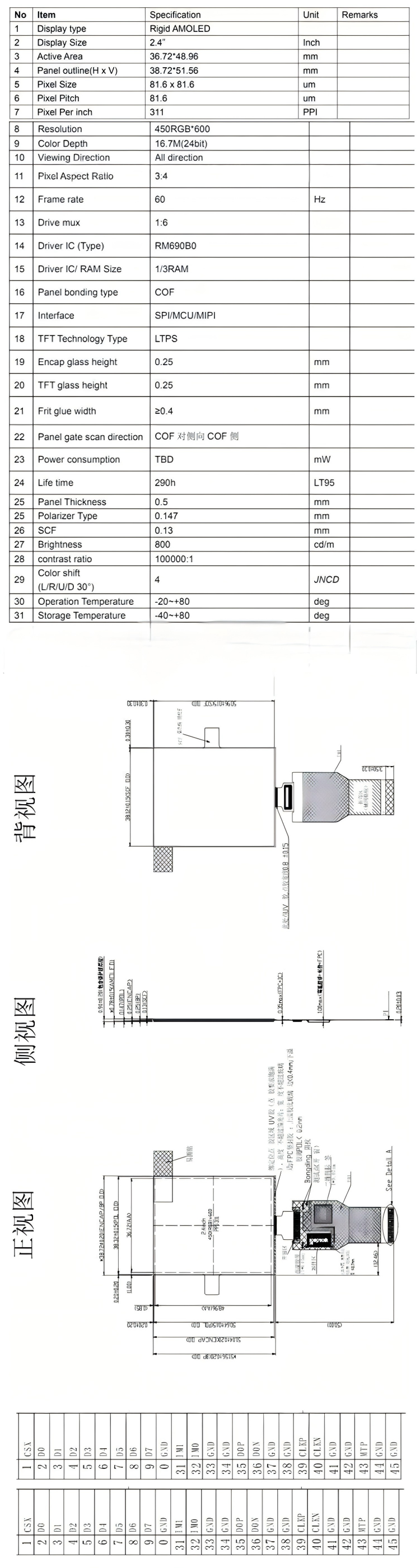 2.4 inch AMOLED display module pin definition diagram