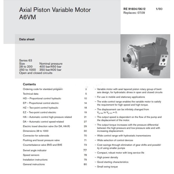Hydraulic Variable Displacement Bent Axis Piston Motor For Heavy Machinery A6VM107 HA1/63W-VZB370A-K