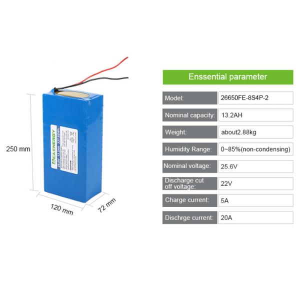 25.6V 13.2A 26650 338Wh LiFePO4 Battery Packs For E Bike Motor Sensor