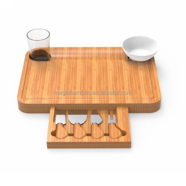 Rectangular Bamboo Cheese Board with Pull-Out Complete Set of Cheese Knives and Design
