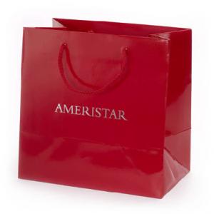 Buy cheap Red Glossy Paper Gift Bag With Nylon Handle Silver Stamping product