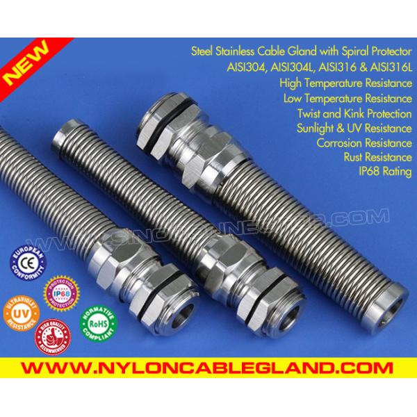 Spiral Stainless Steel EMV EMI Cable Glands IP68 with Normal & Elongated PG Thread EMC Version 304 or 316 Grade Stainless Steel Cable Glands PG7~PG48 with Spiral Flexible Strain Relief Protector