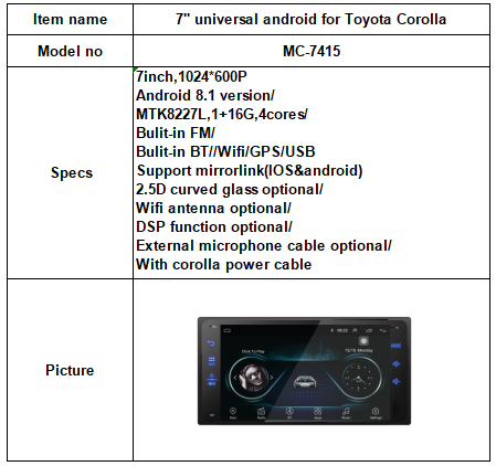 Android Toyota Corolla DVD Player 7 Double Din Navigation CE Approved