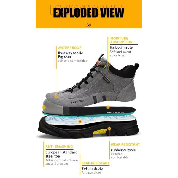 Gray Suede Safety Boots With Kevlar Midsole And Slip-Resistant Rubber Sole
