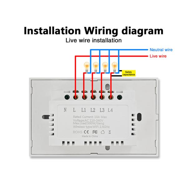 Tuya Smart Home 4Gnag Voice Control Light Switch with App WIFI Remote Timer and Sharing No Neutral