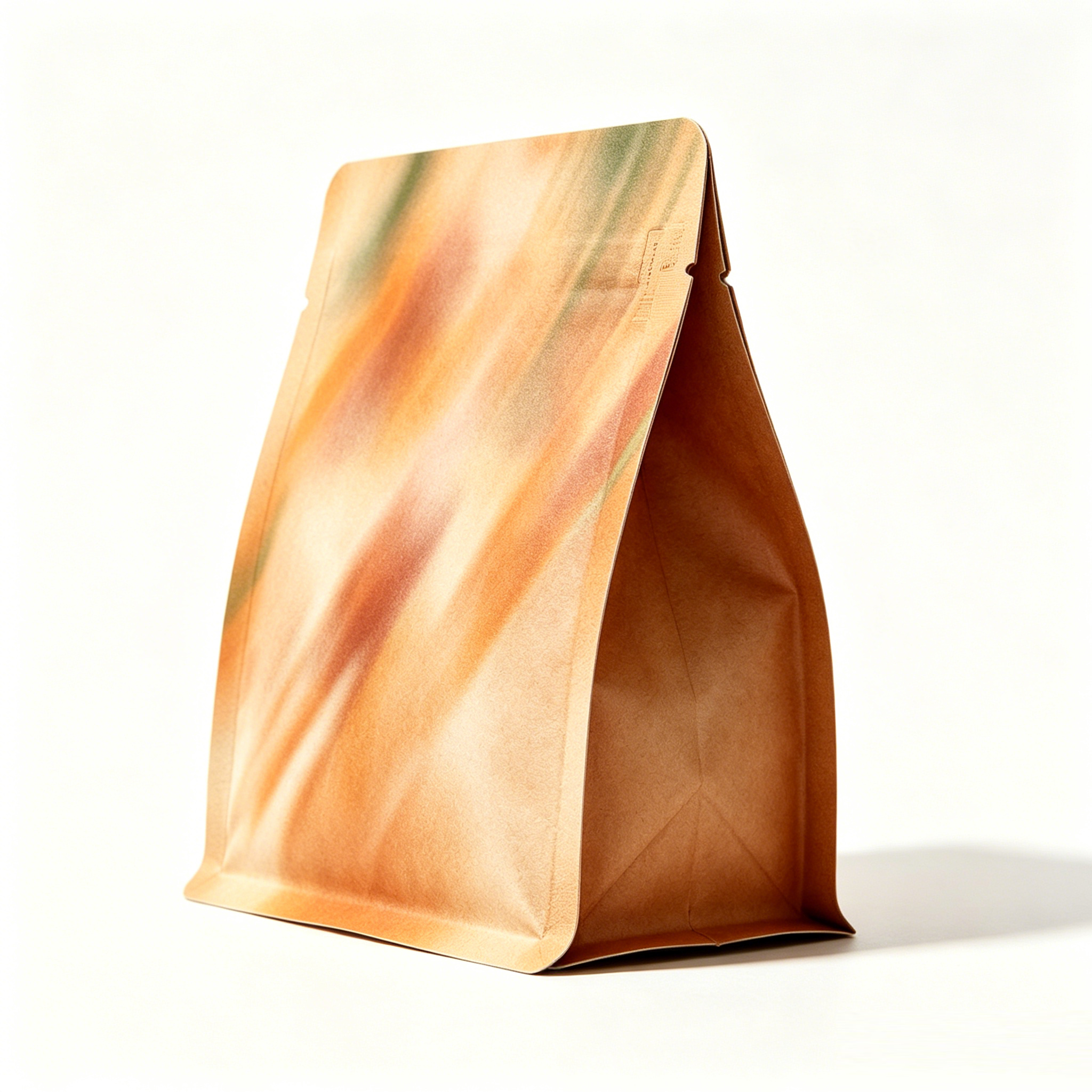 Custom Gradient Printed White Kraft Eight Side Seal Coffee Bag | Resealable Zipper Flat Bottom Pouch For Roasted Coffee Bean Packaging