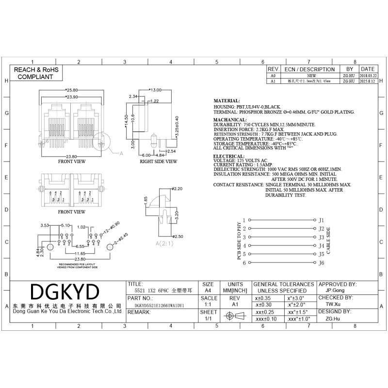 RJ11 female socket interface Double ports socket Full plastic lightless connector Industrial Ethernet port DGKYD5521E1266IWA1DY1