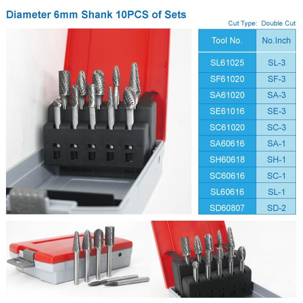 10 piece customized package tungsten carbide burr set, Double cut - 6mm shank