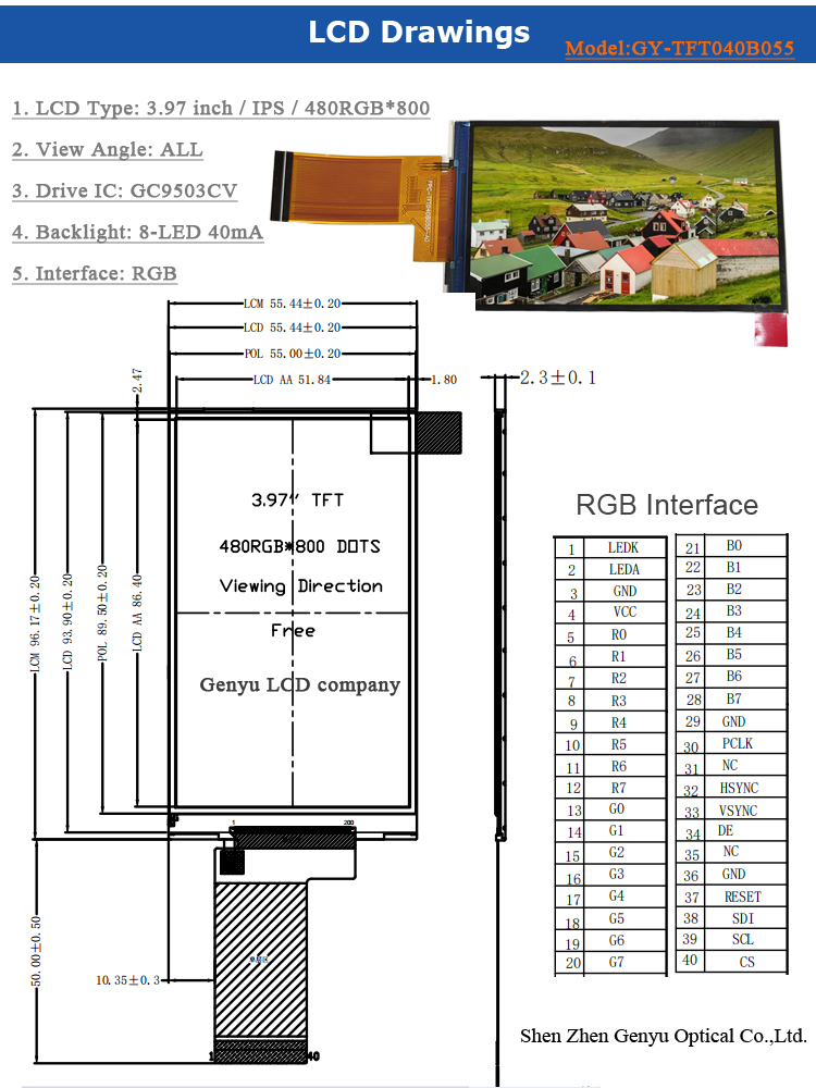 Genyu 3.97" Screen GC9503 Driver 480x800 Dots RGB SPI Interface 40 Pin FPC 4 Inch Display Size TFT LCD Display Modules