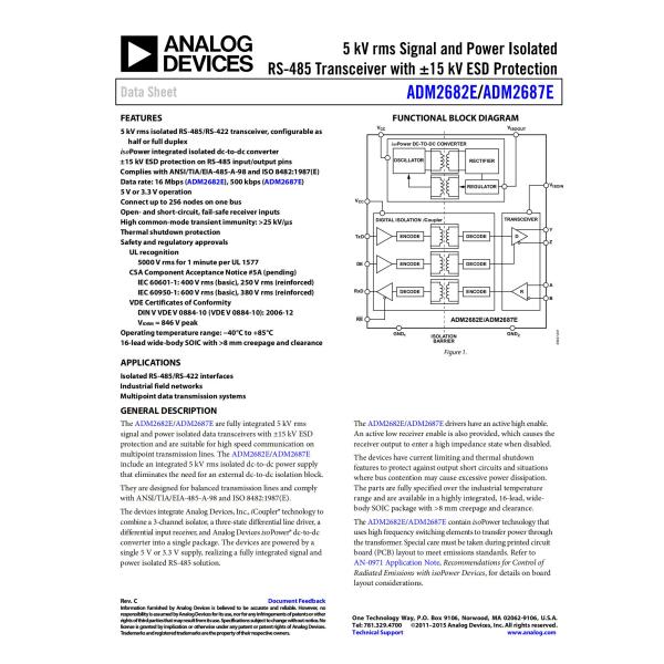 ADM2682EBRIZ RS422 RS485 Digital Isolator 3 Channel 16Mbps CMTI 16-SOIC Communication Interface Module