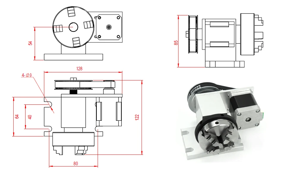 4th A Rotary Axis CNC Lathe Tailstock K11-65mm K12-65mm With 3 4 Jaws Chuck
