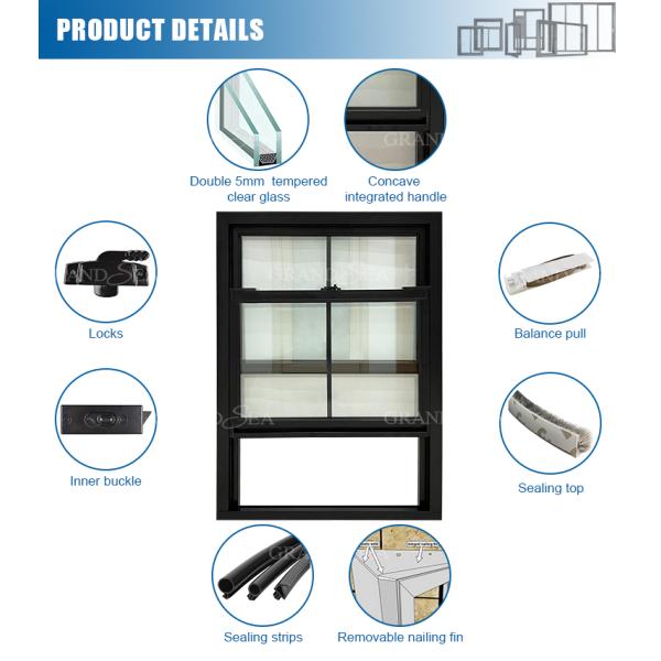 Hurricane Impact Aluminium Single Hung Windows for House Tempered Glass Double Glazed Double Hung Windows