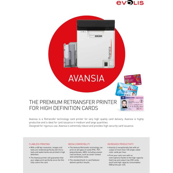 Evolis Avansia Dual-Sided Retransfer ID Printer 600dpi USB Interface Double-sided YMCKK