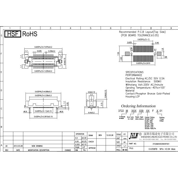 0.635mm PCB Board To Board Connector , Smt Header Connector PA9T LCP Material