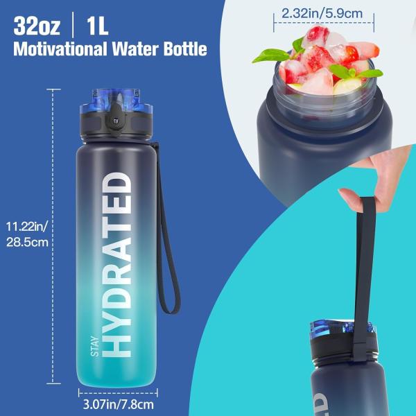 32oz Motivational Sports Water Bottle with Time Marker - Times to Drink - Tritan, BPA Free, Wide Mouth Leakproof,