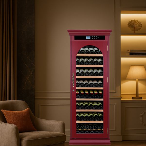 Luxury Burgundy Solid Wood Wine Cooler Cabinet with Digital Control Panel and Touch Control