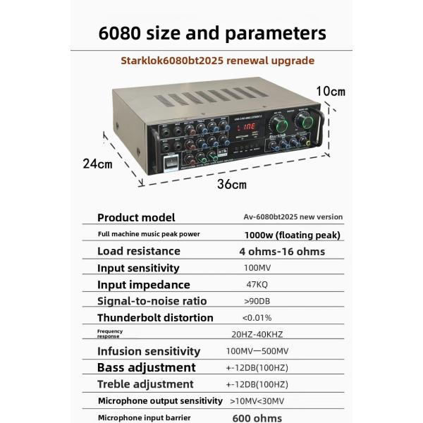 AV-6080BT 1000W 7-Channel Fixed Impedance Amplifier Home Car Metal Receivers USB Flash SD Card BT Wireless Player Global