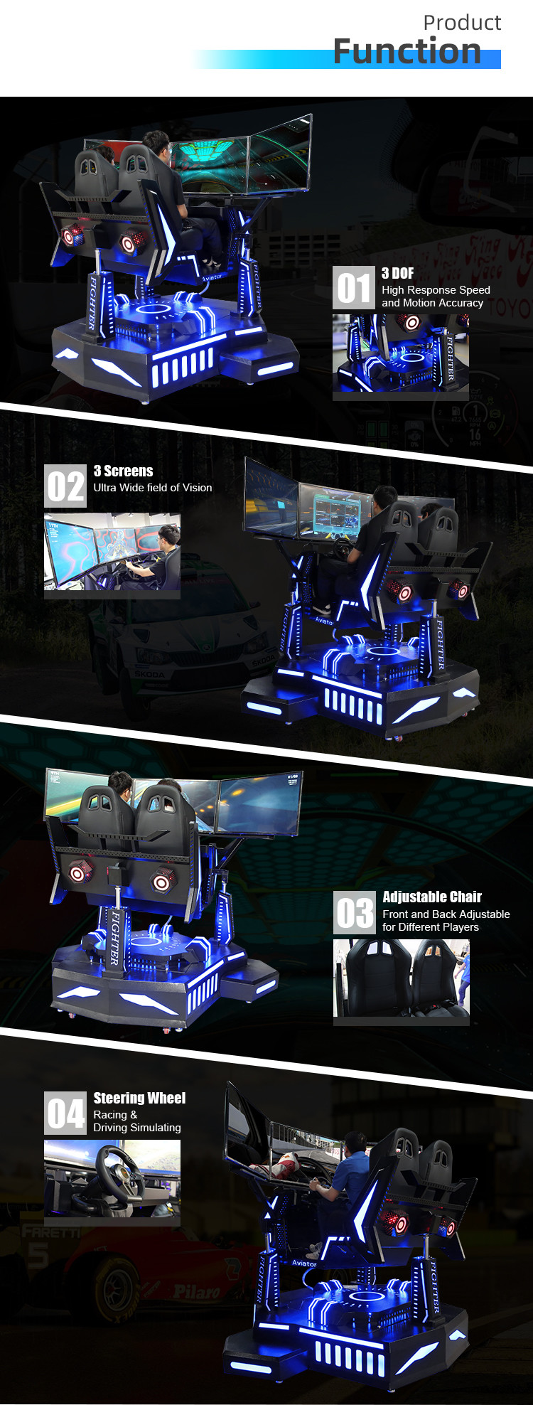 3 Screen VR Racing Simulator 2 Seats Driving Game Steering Wheel 220V
