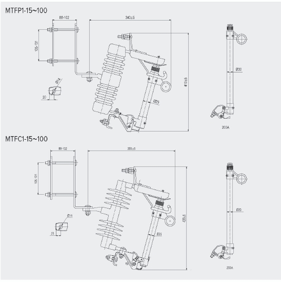 MTFP1 MTFC1 Series Fuse Cutout drawing MTFP3 MTFC3 Series Fuse Cutout For Line Protection