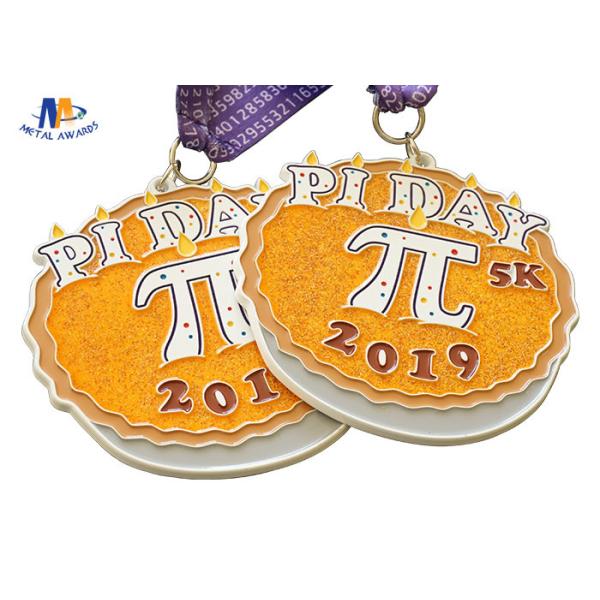 Round Custom Die Cast Medals With Heat Trasfer Ribbon And Glitter Filled 5k Marathon Medal