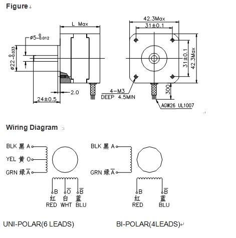 NEMA17 BY42HS34-046 21N.cm 0.4A Hybrid stepping motor